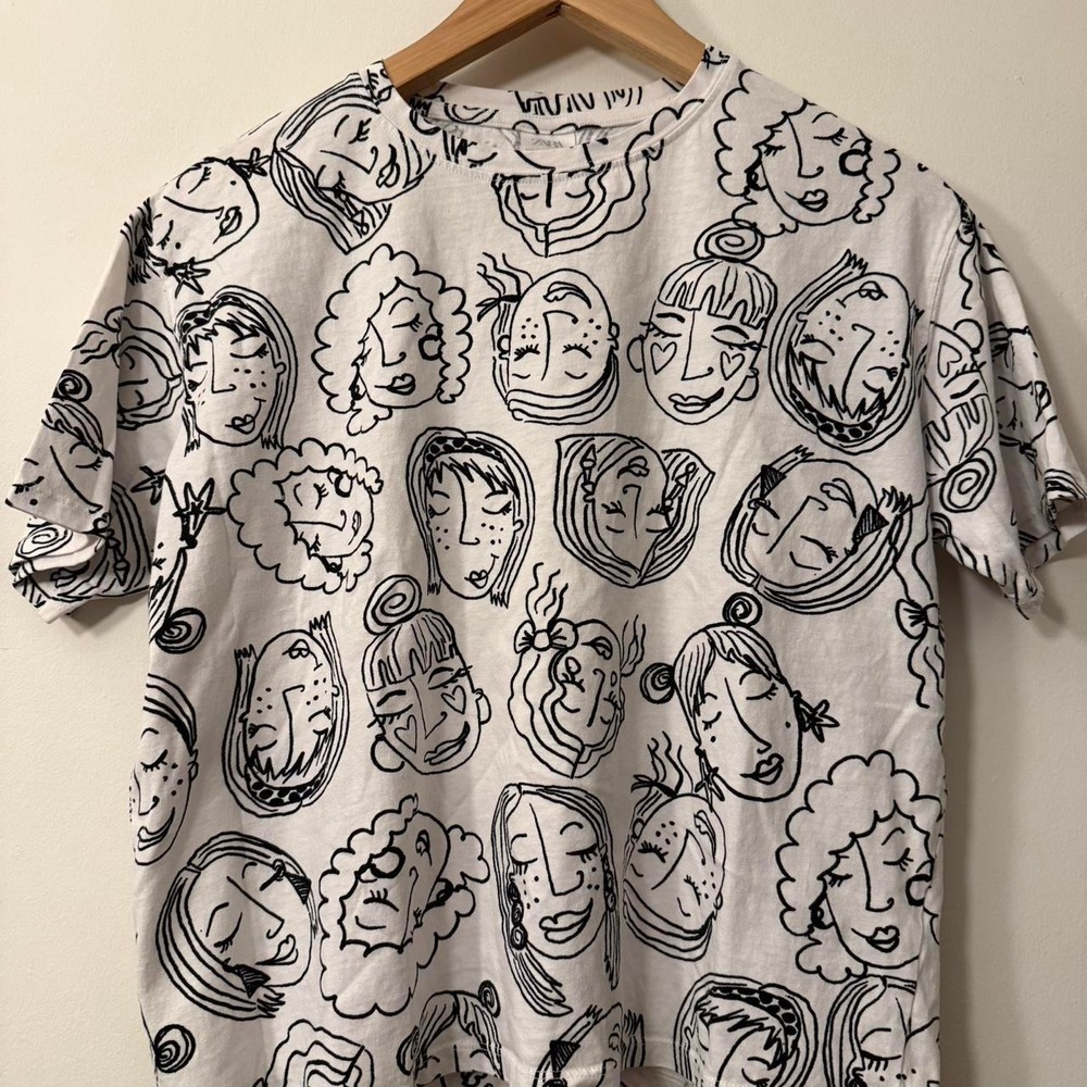 zara teens white black graphic tee size 14 line art